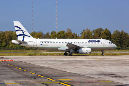 Corfu, Greece - September 20, 2020: Aegean Airlines Airbus A320 airplane at Corfu airport (CFU) in Greece.のeditorial素材
