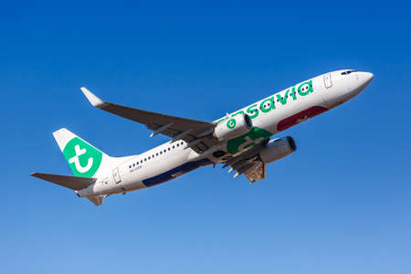 Lisbon, Portugal - September 23, 2021: Transavia Boeing 737-800 airplane at Lisbon airport (LIS) in Portugal.のeditorial素材