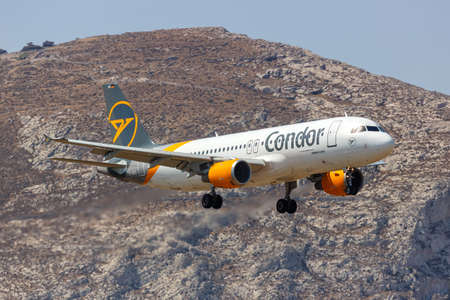 Santorini, Greece - August 4, 2021: Condor Airbus A320 airplane at Santorini airport (JTR) in Greece.のeditorial素材