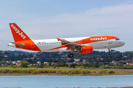 Corfu, Greece - September 17, 2020: EasyJet Airbus A320 airplane at Corfu airport (CFU) in Greece.のeditorial素材