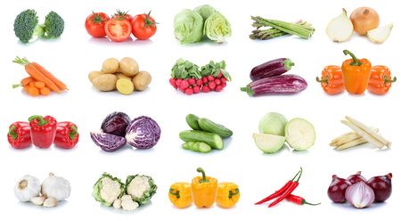 Vegetables carrots tomatoes cucumber onion cabbage bell pepper lettuce vegetable food isolated on a white backgroundの写真素材