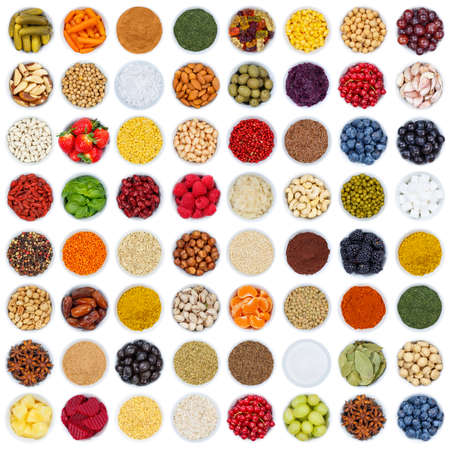 Fruits and vegetables berries spices herbs grapes square sugar from above isolated on a white backgroundの写真素材