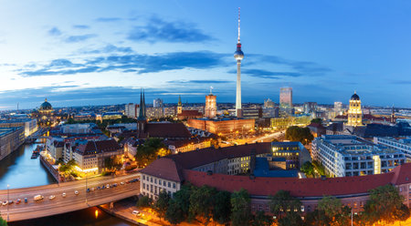 Berlin skyline tv tower downtown panorama banner town hall at night Germany city twilightの写真素材