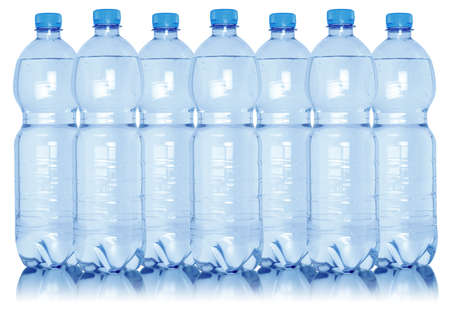 Water bottles in a row collection isolated on a white backgroundの写真素材