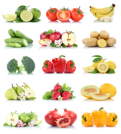 Fruits vegetables collection isolated apple apples bell pepper tomatoes banana colors fresh fruit on a white backgroundの写真素材