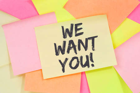We want you jobs, job working recruitment employees career business note paper notepaperの写真素材