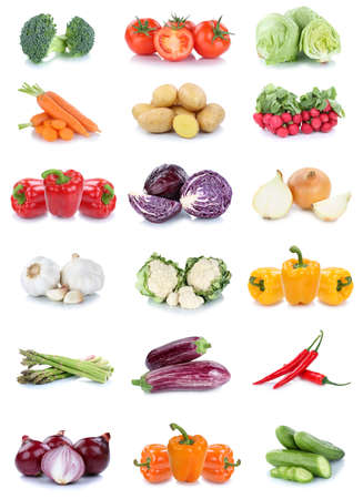 Collection of vegetables carrots tomatoes onions bell pepper lettuce vegetable food isolated on a white backgroundの写真素材