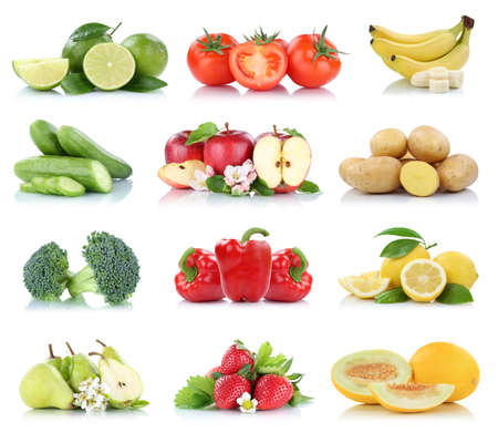 Fruits vegetables collection isolated apple apples strawberries tomatoes banana colors fresh fruit on a white backgroundの写真素材