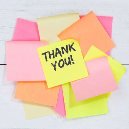 Thank you on notepaper office business concept desk note paper square notepaperの写真素材