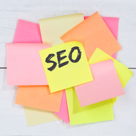 SEO Search Engine Optimization for websites internet computer business concept desk note paper notepaperの写真素材