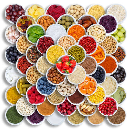 Fruits and vegetables spices ingredients berries food grapes from above fruitの写真素材