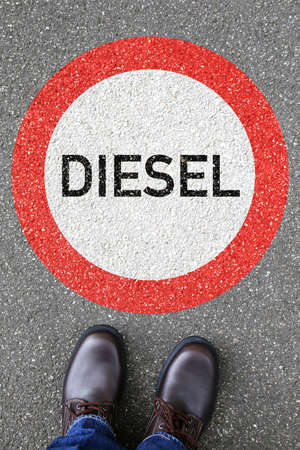 Man people Diesel driving ban road sign roadsign portrait format street not allowed zone transportationの写真素材