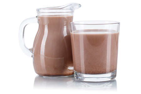 Fresh chocolate milk in a glass and churn isolated on a white backgroundの写真素材