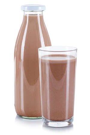 Fresh chocolate milk in a glass and bottle isolated on a white backgroundの写真素材