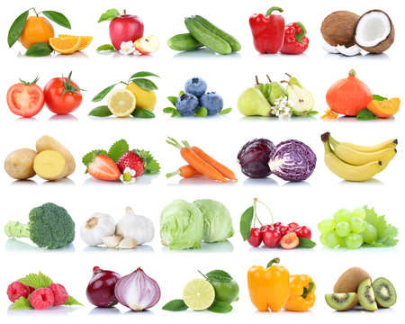 Fruits and vegetables collection isolated apple oranges onions tomatoes lettuce berries fruit on a white backgroundの写真素材