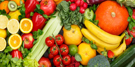 Food background fruits and vegetables collection apples oranges banner tomatoes fruit vegetable backgroundsの写真素材