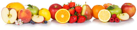 Fresh fruits collection apple apples orange strawberries berries fruit isolated on a white background in a rowの写真素材