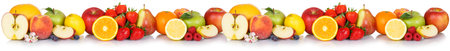 Fresh fruits collection apple apples banner orange strawberries berries fruit isolated on a white background in a rowの写真素材