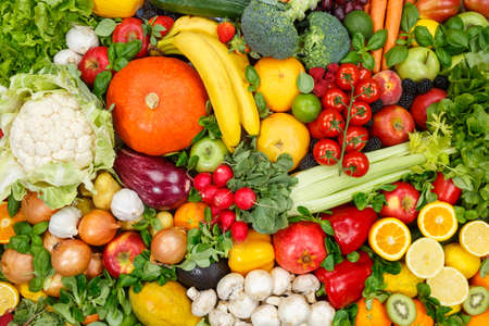Food background fruits and vegetables collection apples oranges tomatoes fruit vegetable backgroundsの写真素材