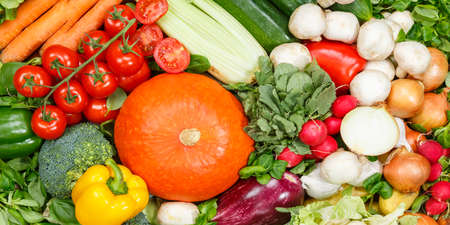 Food background vegetables collection banner tomatoes carrots potatoes bell pepper vegetable backgroundsの写真素材