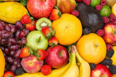 Food background fruits collection apples berries oranges lemons fruit backgroundsの写真素材