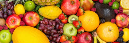 Food background fruits collection banner apples berries oranges lemons fruit backgroundsの写真素材