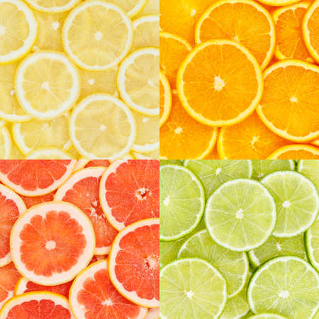 Citrus fruits oranges lemons food background collection collage set square fruit backgroundsの写真素材