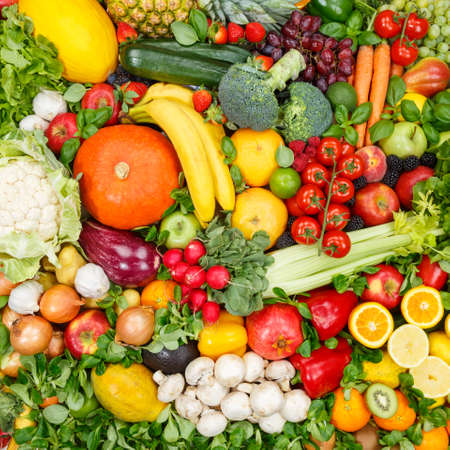Food background fruits and vegetables collection square apples oranges tomatoes fruit vegetable backgroundsの写真素材