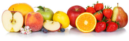 Fresh fruits collection apple fruit apples lemon orange food isolated on a white background in a rowの写真素材