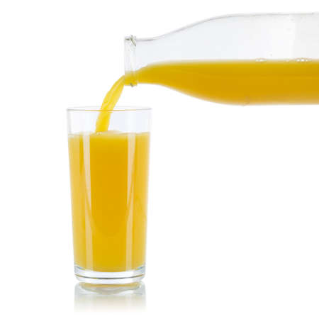 Orange juice pouring orange fruit fruits glass bottle square isolated on a white backgroundの写真素材