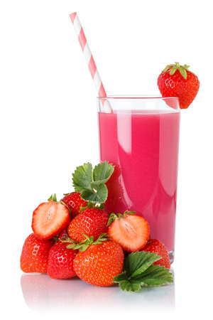 Strawberry smoothie fruit juice drink Strawberries in a glass isolated on a white backgroundの写真素材