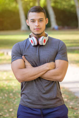 Sports training fitness workout young man runner jogging portrait format outdoorの写真素材