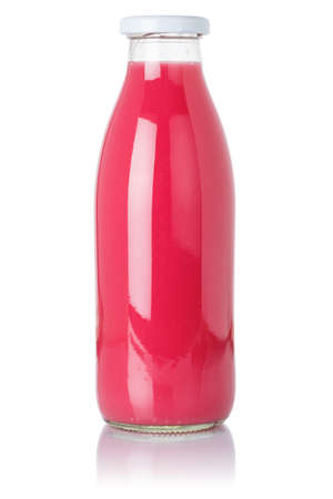 Strawberry smoothie fruit juice drink in a bottle isolated on a white backgroundの写真素材