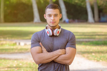 Sports training fitness young latin man runner workout in a park outdoorの写真素材