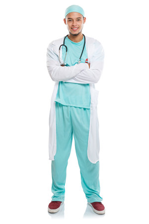 Smiling happy young doctor full body portrait isolated on a white backgroundの写真素材