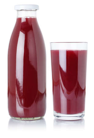 Berry smoothie fruit juice drink wild berries in a bottle and glass isolated on a white backgroundの写真素材