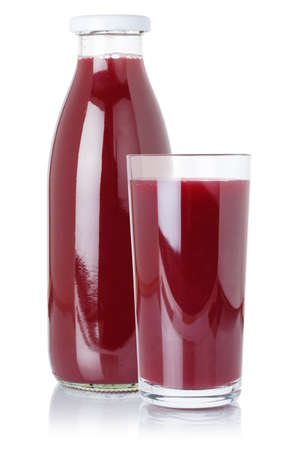 Fresh berry smoothie fruit juice drink wild berries in a bottle and glass isolated on a white backgroundの写真素材