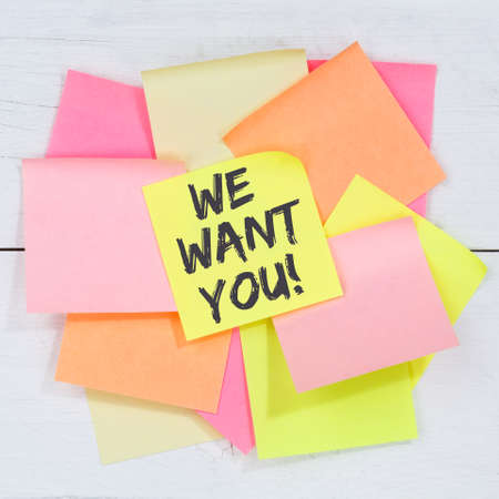 We want you jobs, job working recruitment employees business concept desk note paper notepaperの写真素材