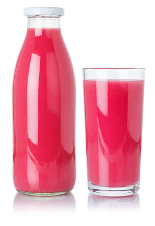 Strawberry smoothie fruit juice drink in a bottle and glass isolated on a white backgroundの写真素材