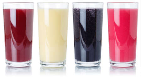 Collection of fruit smoothies fruits juice drink in glass isolated on a white backgroundの写真素材