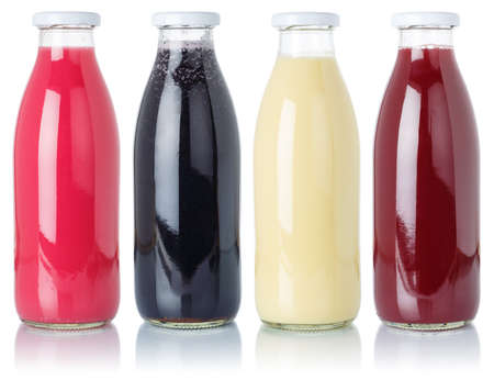 Collection of fruit smoothies fruits juice drink wild berries in a bottle isolated on a white backgroundの写真素材