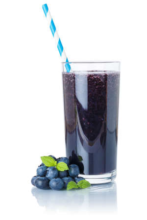 Blueberry smoothie fruit juice drink straw blueberries in a glass isolated on a white backgroundの写真素材