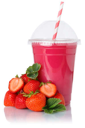 Strawberry smoothie fruit juice drink Strawberries in a cup isolated on a white backgroundの写真素材