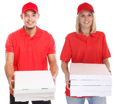 Pizza boy girl delivery order delivering job young isolated on a white backgroundの写真素材