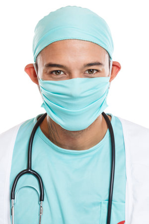 Young doctor portrait format with mouthguard occupation education man job isolated on a white backgroundの写真素材
