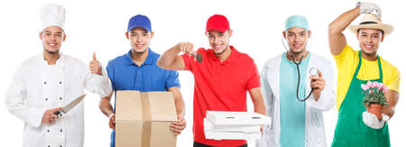 Group of young people occupations occupation collection profession doctor cook job isolated on a white backgroundの写真素材