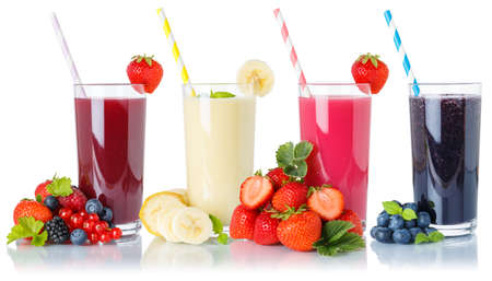 Collection of fruit smoothies fruits juice drink straw in glass isolated on a white backgroundの写真素材