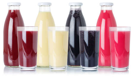 Collection of fresh fruit smoothies fruits juice drink in glass and bottle isolated on a white backgroundの写真素材
