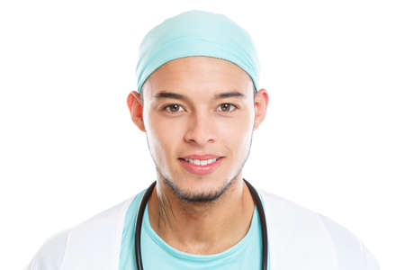 Portrait of a young doctor smiling happy face occupation job isolated on a white backgroundの写真素材