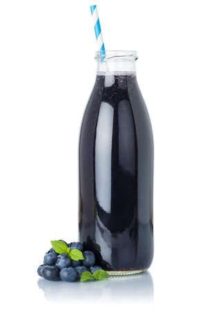 Blueberry smoothie fruit juice drink straw blueberries in a bottle isolated on a white backgroundの写真素材